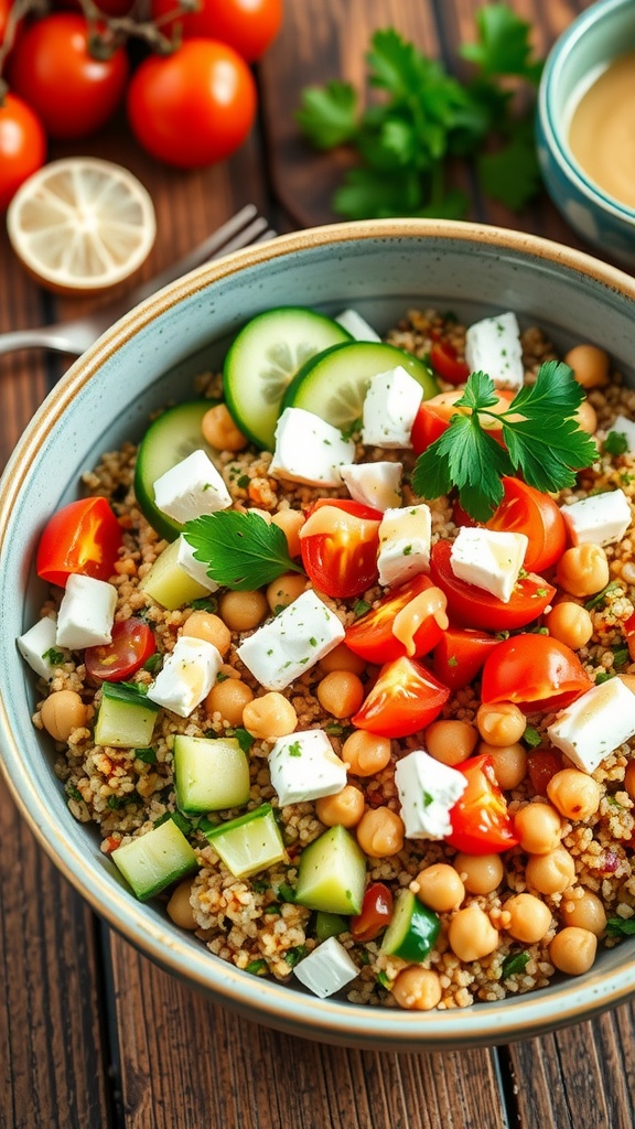 A vibrant grain bowl with chickpeas, feta, vegetables, and lemon-tahini dressing on a wooden table.